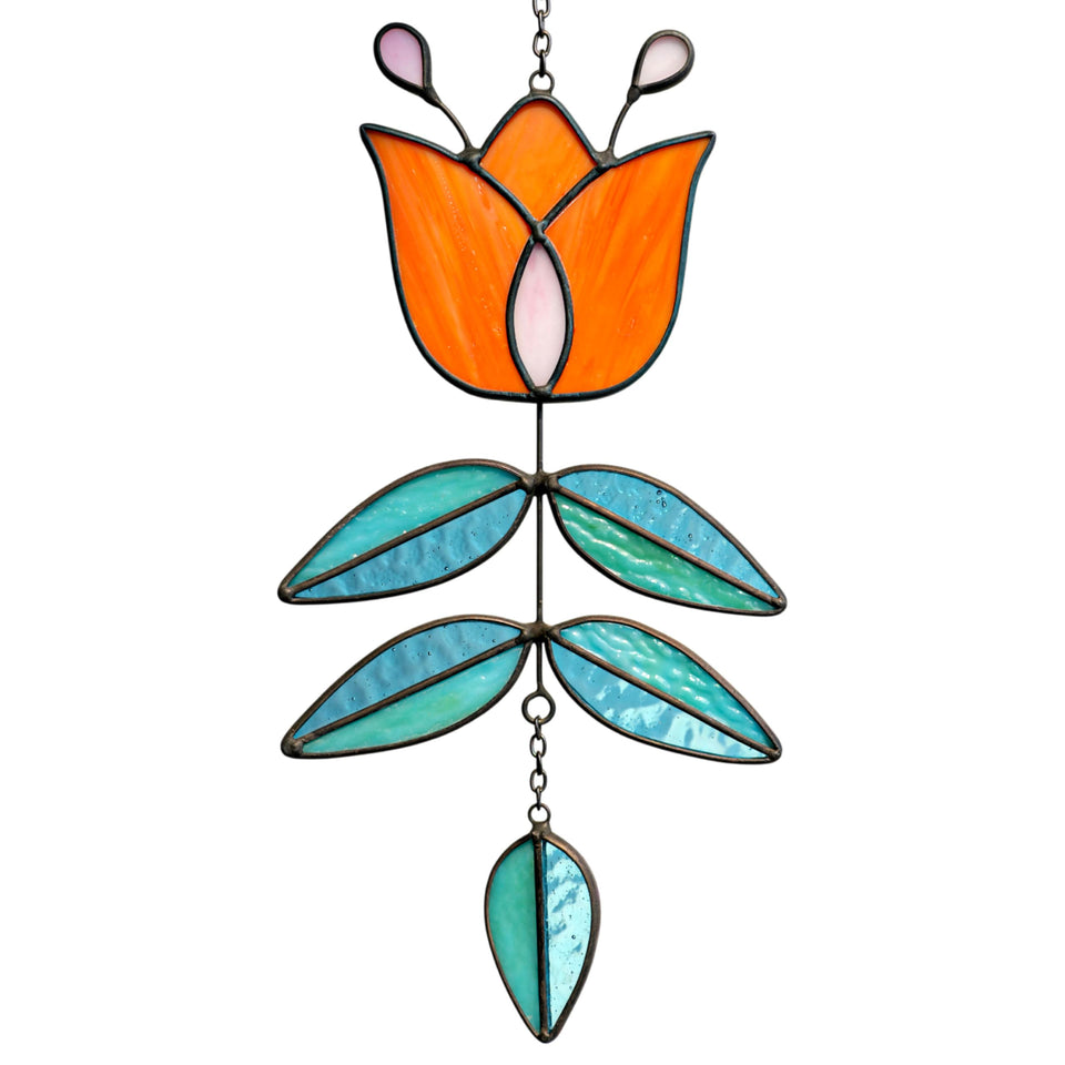 MintyWiz Coral Tulip Suncatcher close-up featuring textured glass colors