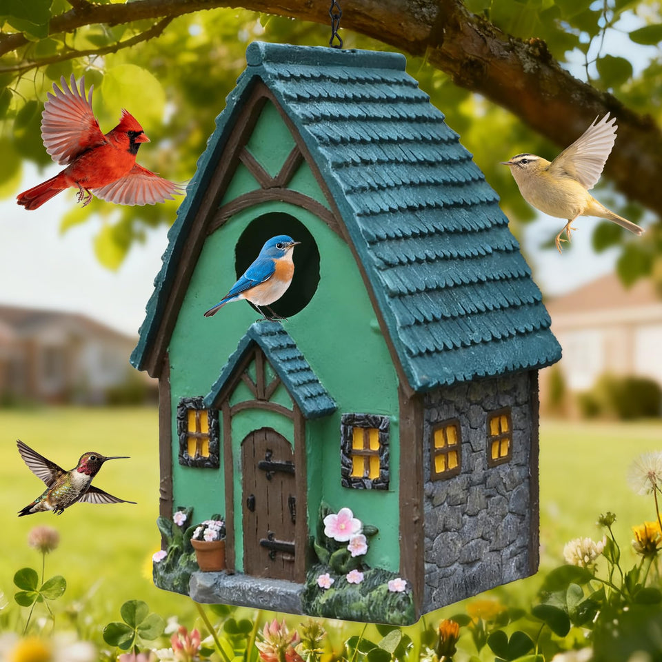 MINWOLF outdoor resin bird house with flower detail attracts small birds in garden