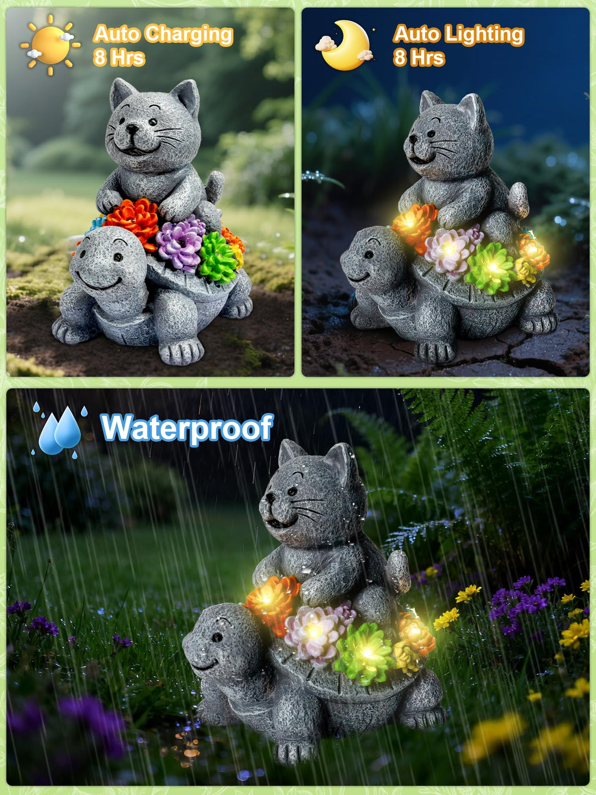 Minyii cat-turtle statue sits among succulents for enhanced curb appeal.