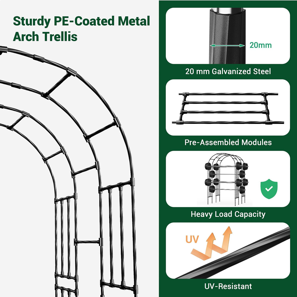 Miory Garden Arch Trellis DIY Assembly with pre-drilled sections for quick setup.