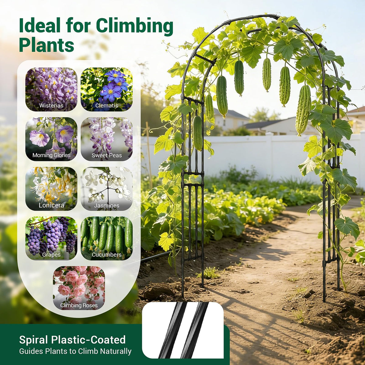 Miory garden arch trellis supports vibrant vines and flowers.