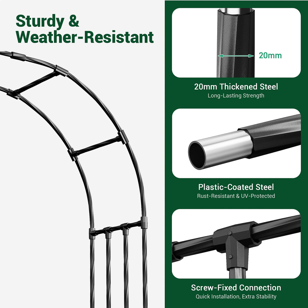 Miory garden arch trellis UV coating for long-lasting outdoor use.
