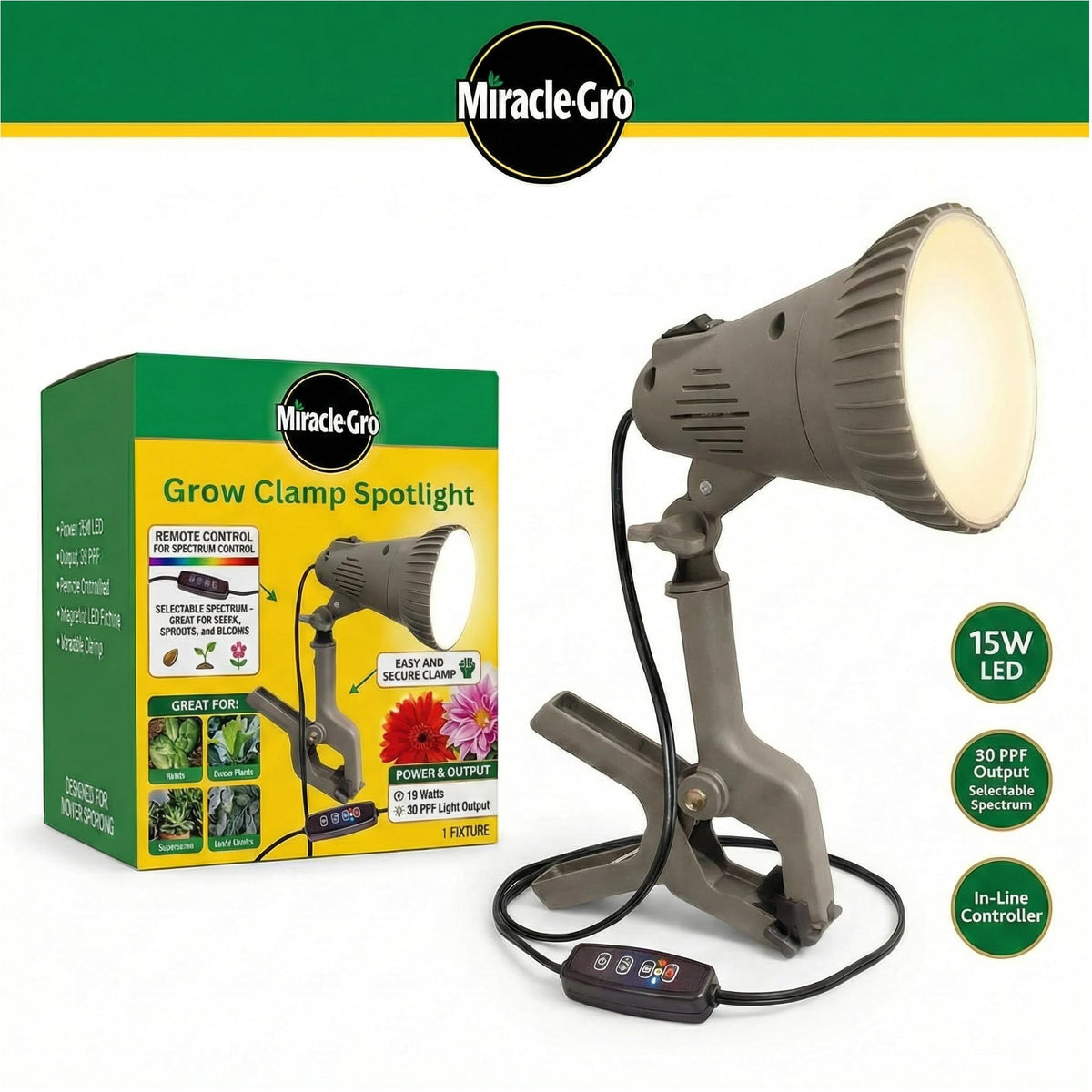Miracle-Gro Flexible Clamp Light Setup allows versatile placement for diverse indoor plant arrangements.