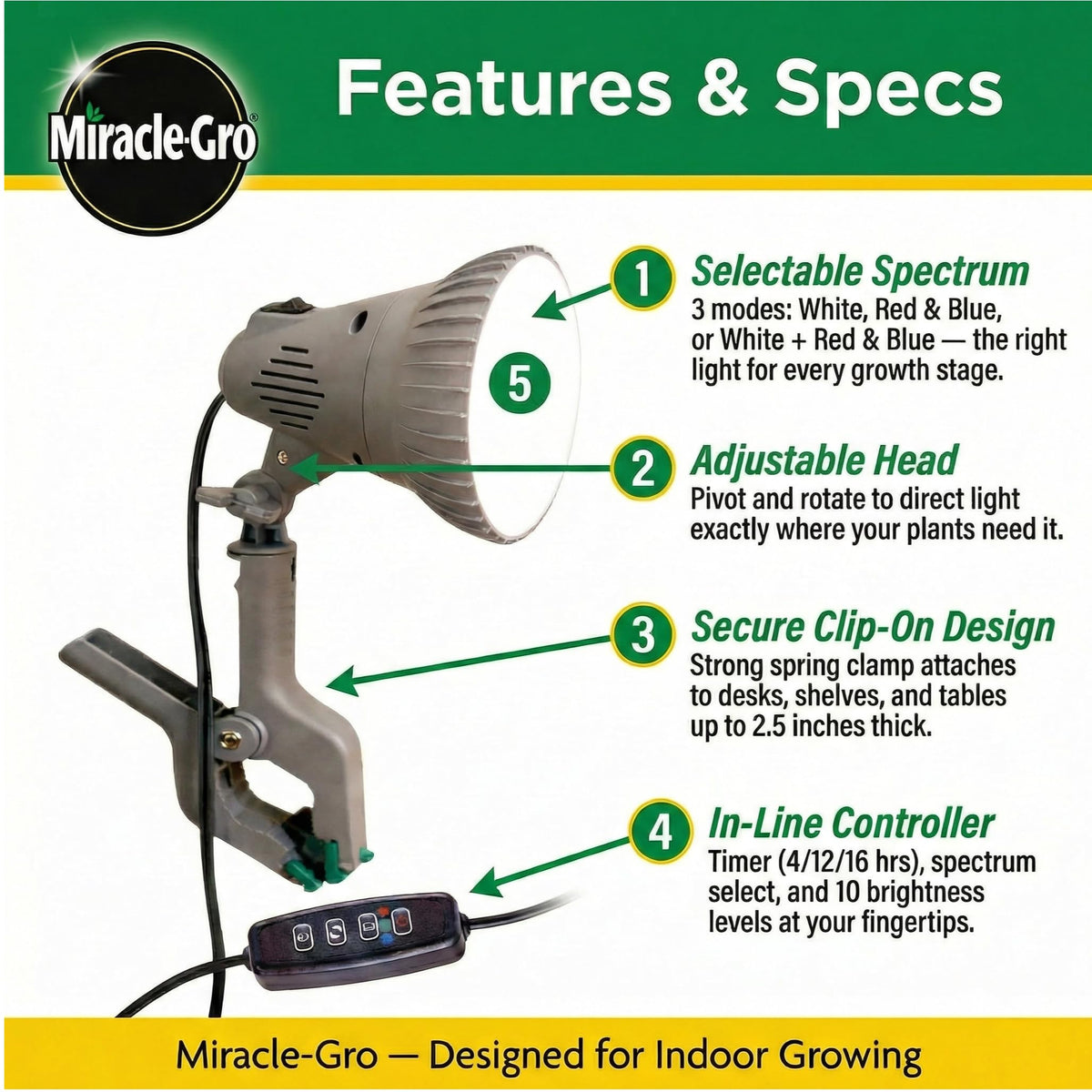 Miracle-Gro Indoor Grow Light Controller Dial enables quick spectrum and timer adjustments for tailored care.
