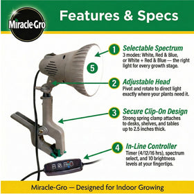 Miracle-Gro Indoor Grow Light Controller Dial enables quick spectrum and timer adjustments for tailored care.