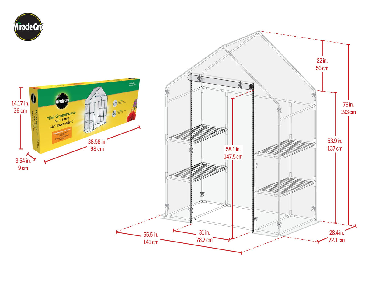 Miracle-Gro Mini Walk-In Greenhouse dimensions, compact footprint with tall interior for plants.