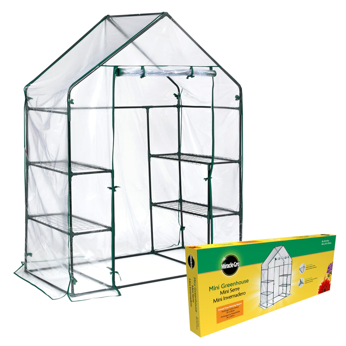Miracle-Gro Mini Walk-In Greenhouse front view, compact protection for herbs and seedlings.