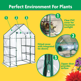 Miracle-Gro Mini Walk-In Greenhouse open door, easy walk-in access and ventilation.
