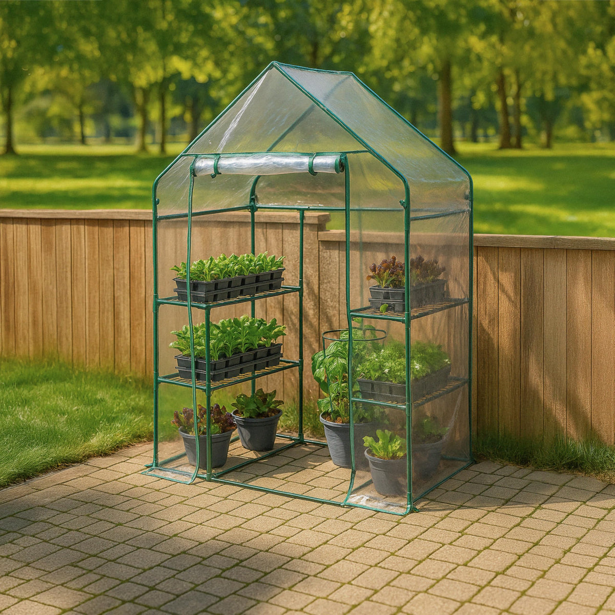 Miracle-Gro Mini Walk-In Greenhouse with plants inside, demonstrates seasonal growing potential.