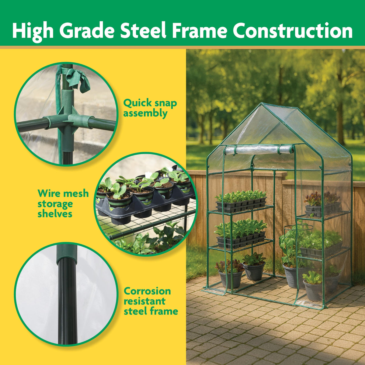 Miracle-Gro Mini Walk-In Greenhouse shelves, four adjustable wire racks maximize growing space.