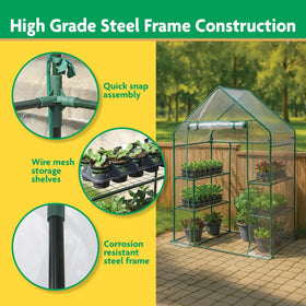 Miracle-Gro Mini Walk-In Greenhouse shelves, four adjustable wire racks maximize growing space.