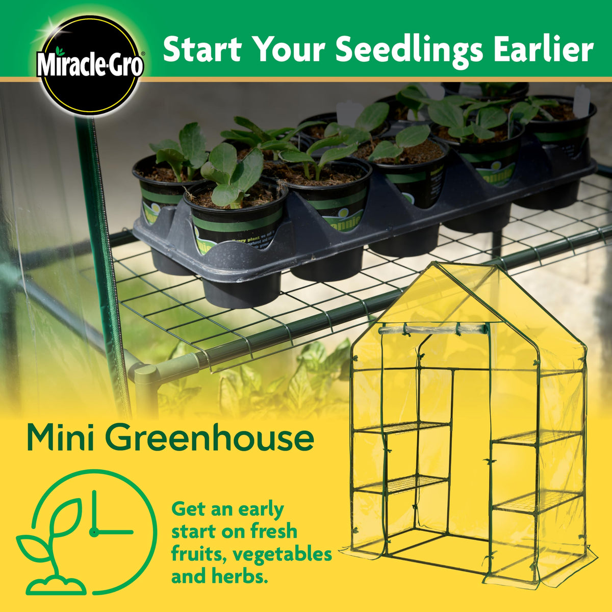 Miracle-Gro Mini Walk-In Greenhouse side view, sturdy steel frame for outdoor durability.