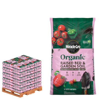 Miracle-Gro Organic raised bed soil pallet with 50 bags for bulk gardening.