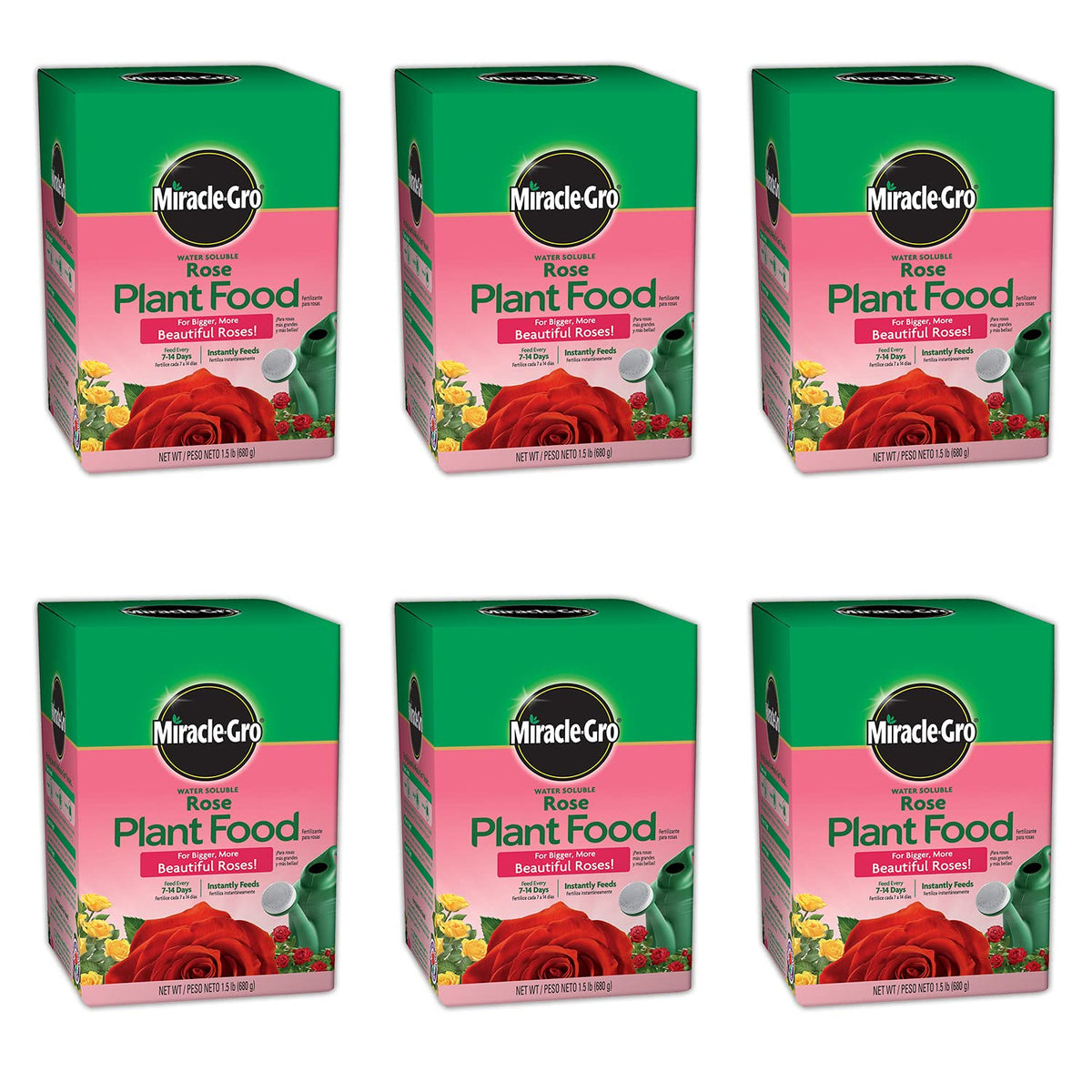 Miracle-Gro Rose Plant Food packaging for six-pack display and easy dosing.