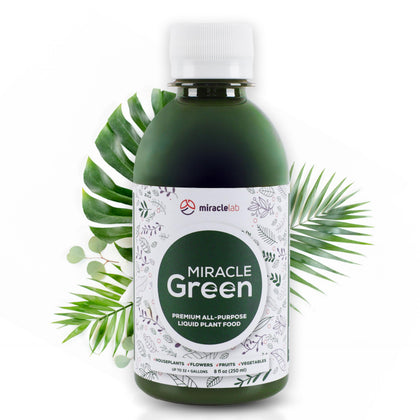 Miracle Lab Miracle Green bottle showing fast-acting plant nutrition for home and garden.