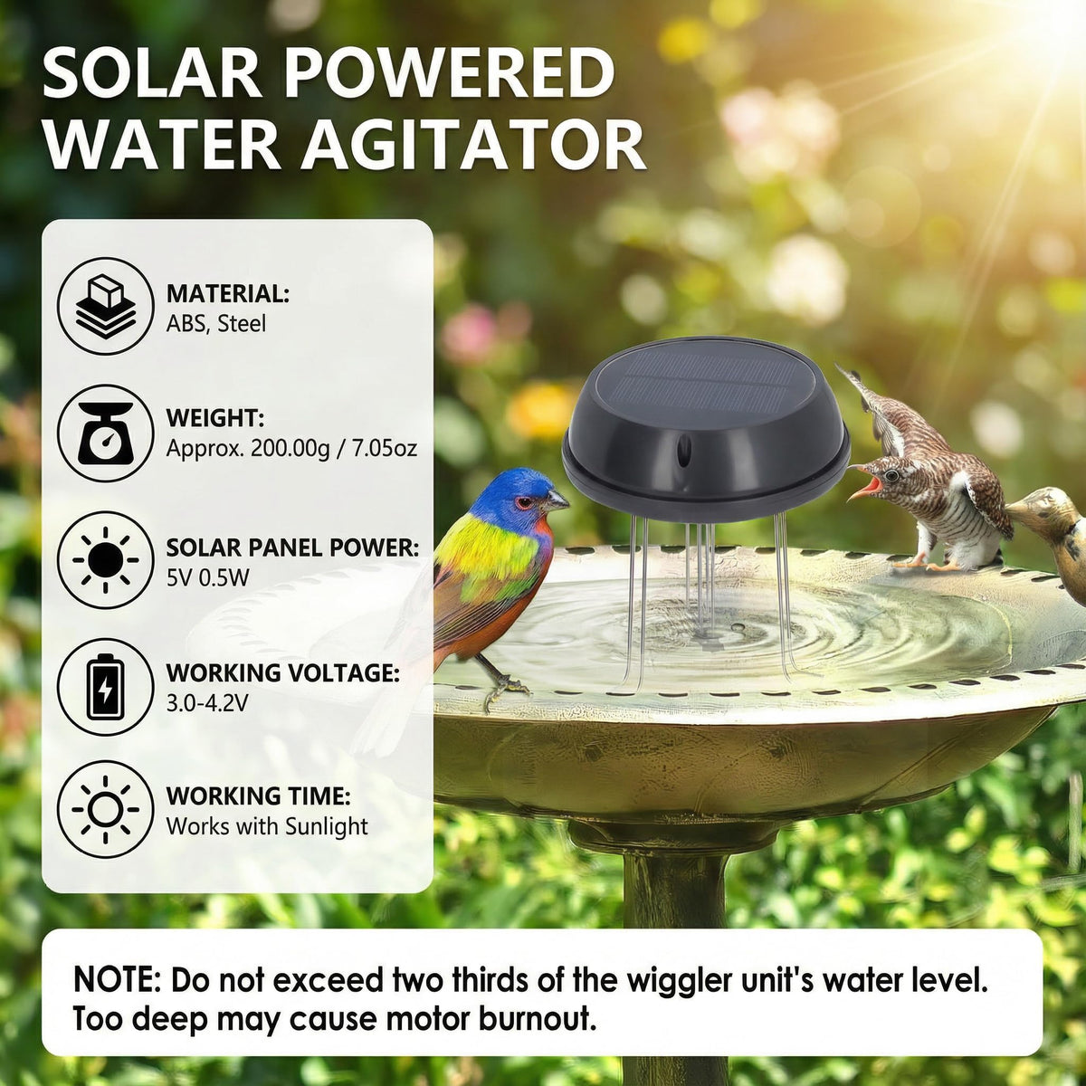 Miriam Song solar-powered bird bath fountain running quietly under sunlight.