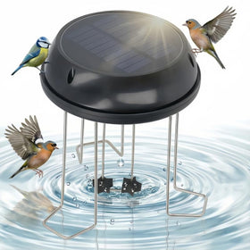Miriam Song stainless-steel bird bath bubbler in action attracting birds with movement.
