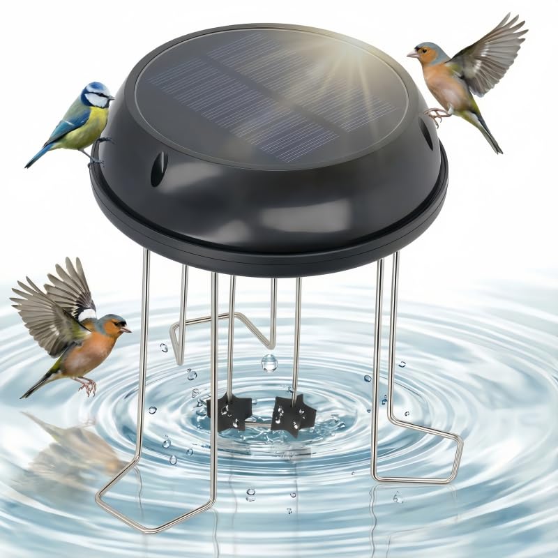 Miriam Song stainless-steel bird bath bubbler in action attracting birds with movement.