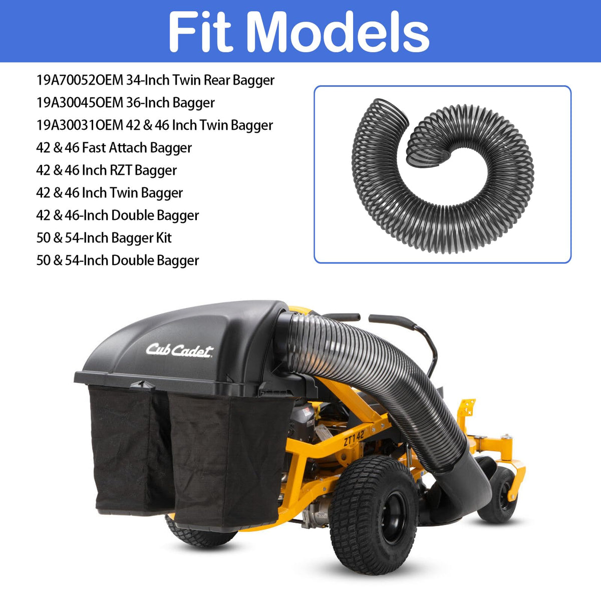 Misfart double/triple bagger compatibility hose suitable for multiple bagger configurations.