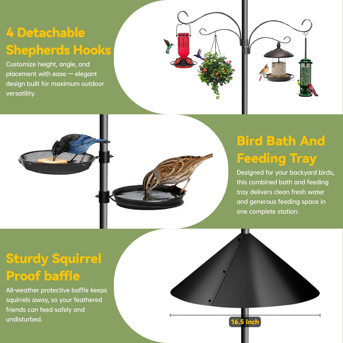 Misoull four free-sliding hooks support multiple feeders and decor.