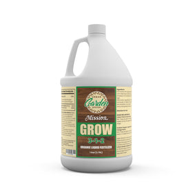 Mission Fertilizer Grow bottle close-up showing organic formula for easy feeding