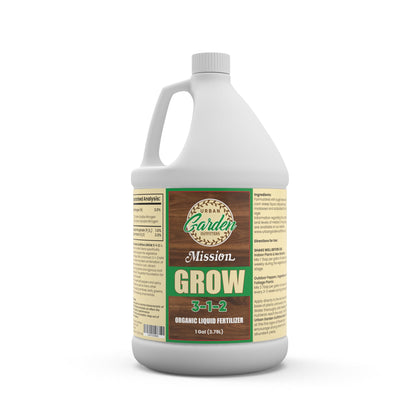 Mission Fertilizer Grow bottle close-up showing organic formula for easy feeding