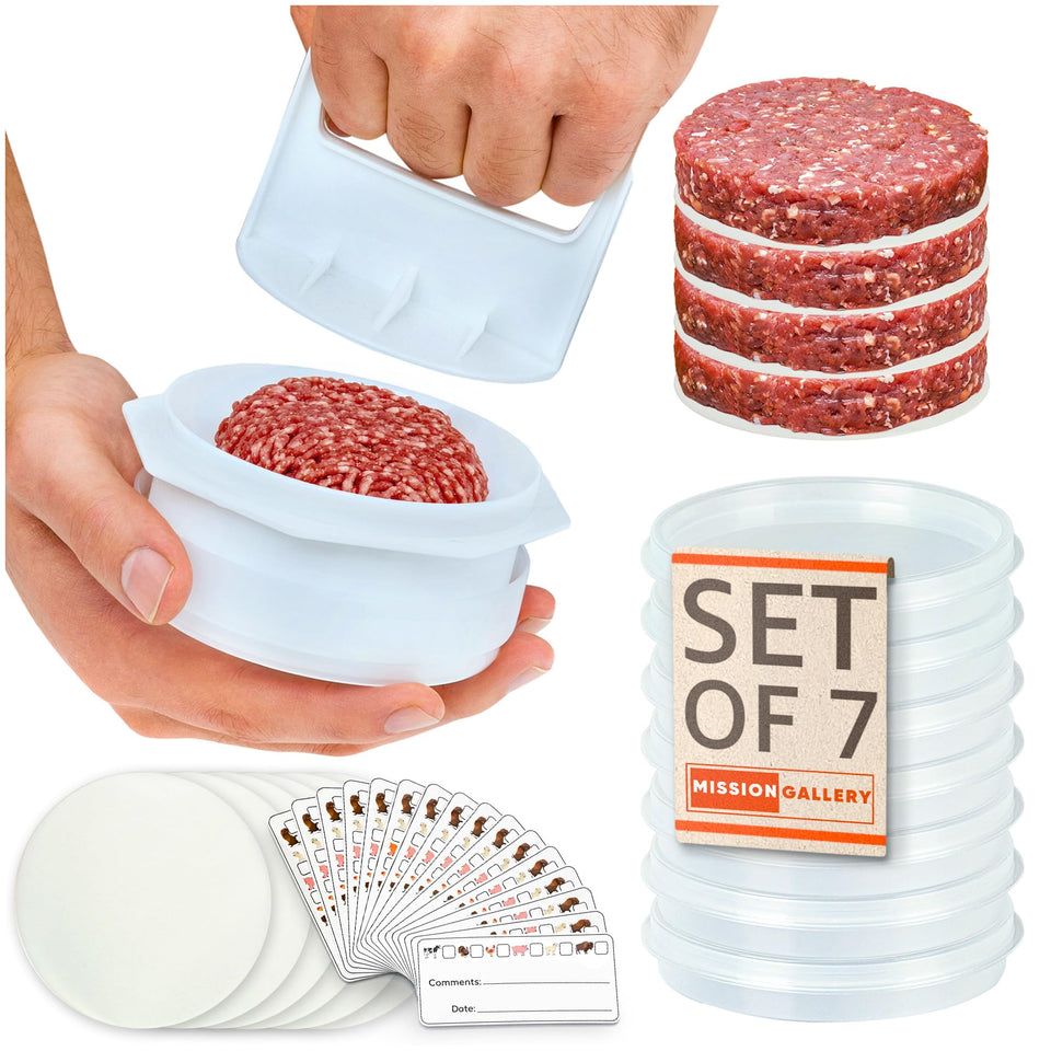 Mission Gallery burger press assembly showing uniform patties for even cooking