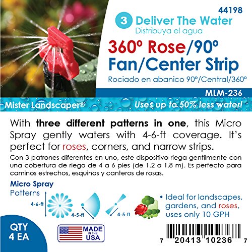 Mister Landscaper 3-in-1 micro spray 90° pattern waters corners efficiently.