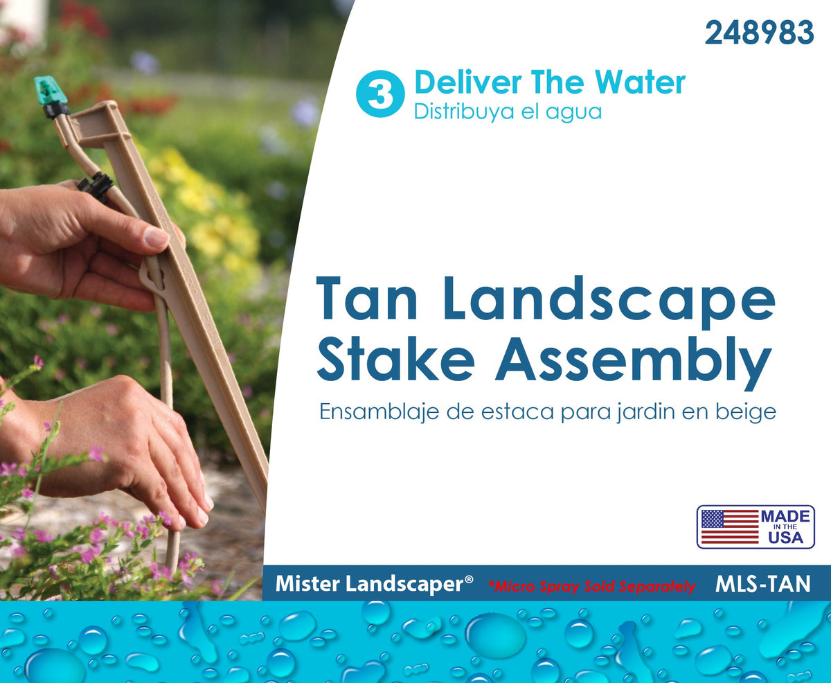 Mister Landscaper Tan Landscape Stake Assembly 10 GPH flow control ensures steady, adjustable spray performance.