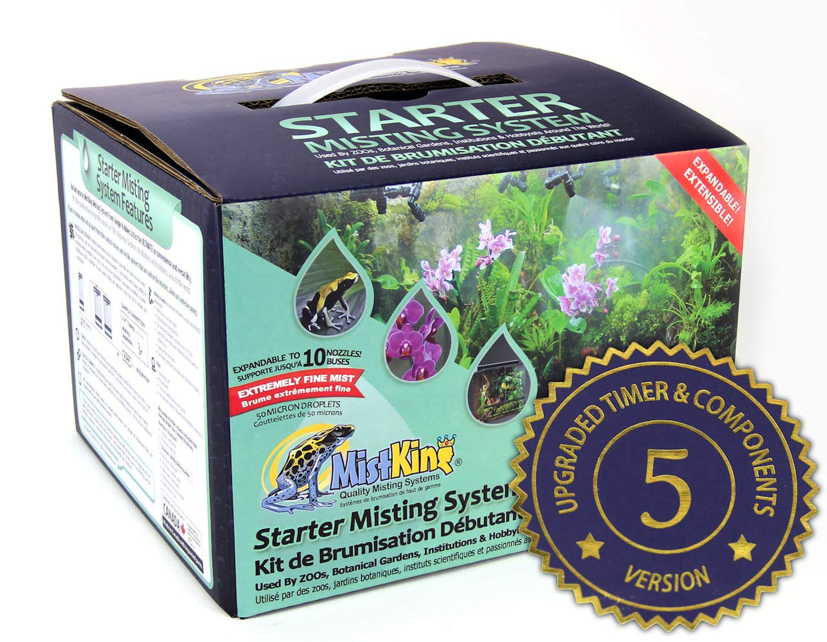 MistKing Starter Misting System 5th Gen package showing compact setup for terrarium humidity control