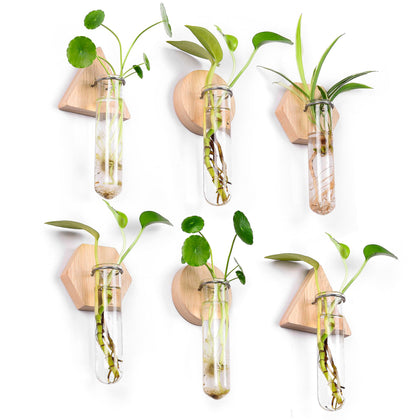 MITIME wall-hanging planter with wooden triangles and glass tubes for space-saving decor.