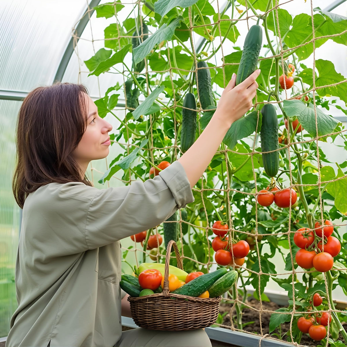 Miuezuth netting used horizontally to support heavy crops like tomatoes.