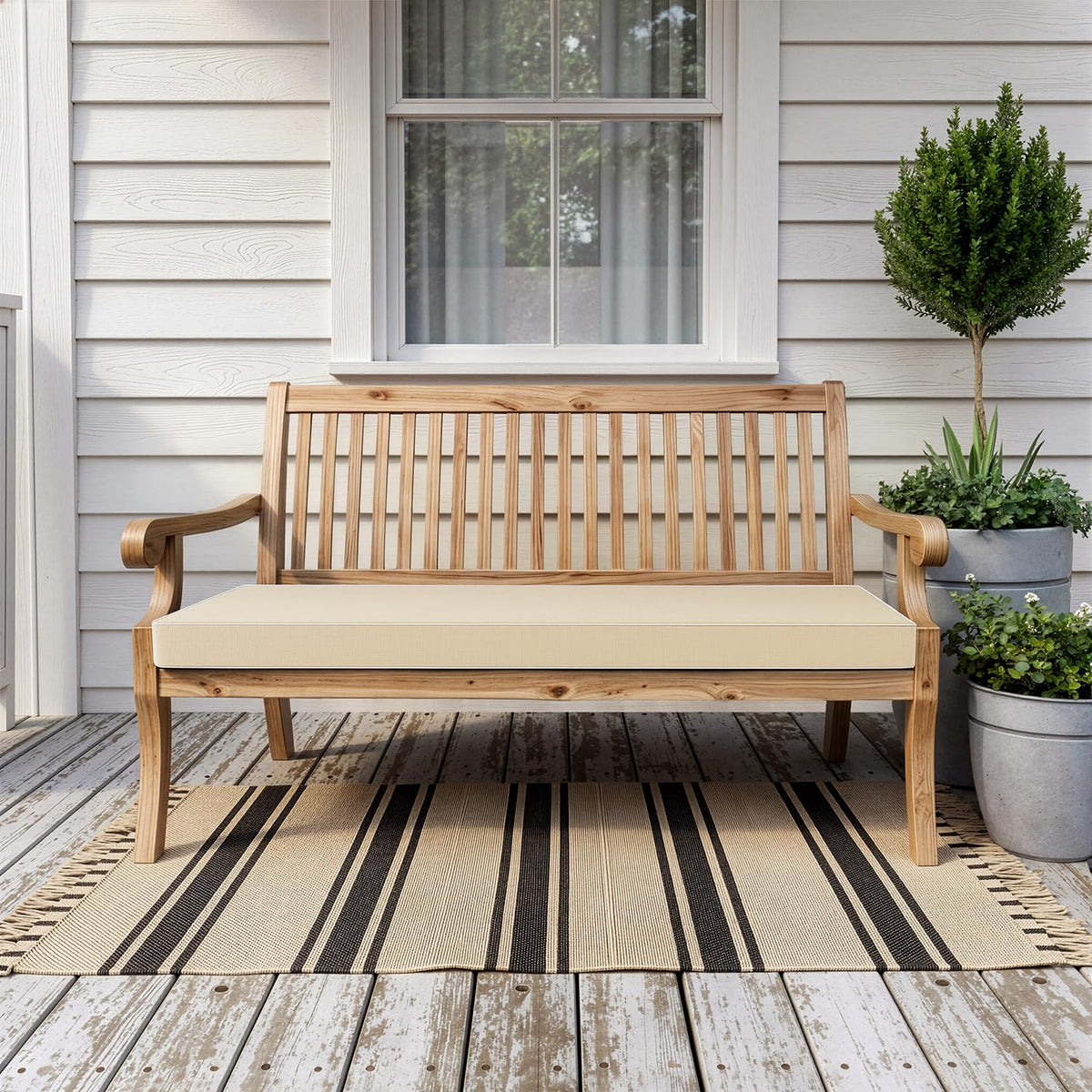 MIULEE beige outdoor bench cushion with 3-year color fastness for sunlit porches