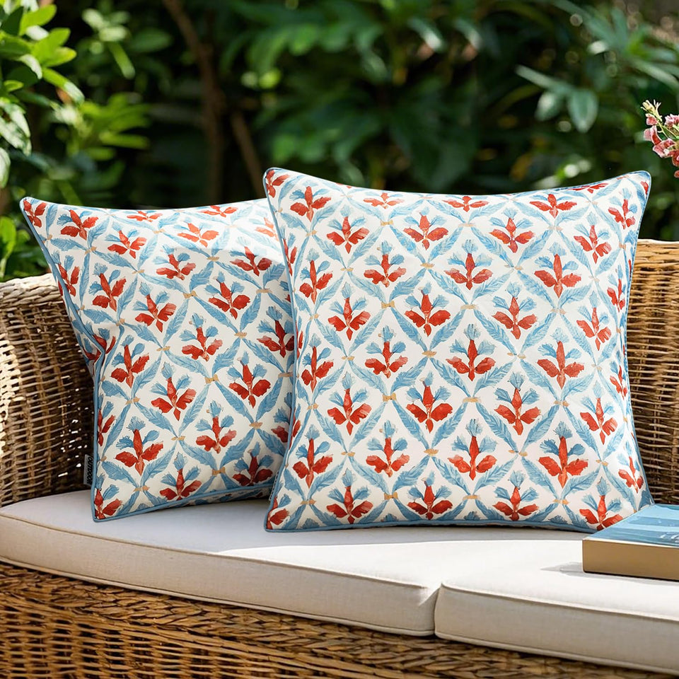 MIULEE floral outdoor pillow cover 18x18 in blue-rust enhances patio decor.