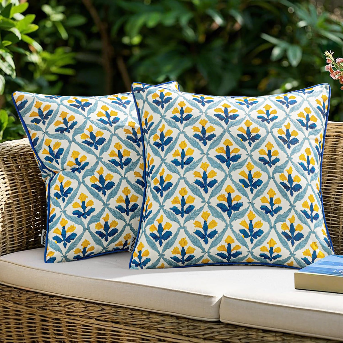 MIULEE floral outdoor pillow cover in light yellow and blue for patio decor