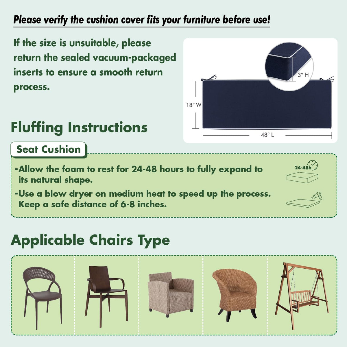 MIULEE navy cushion includes secure ties to prevent slipping during use