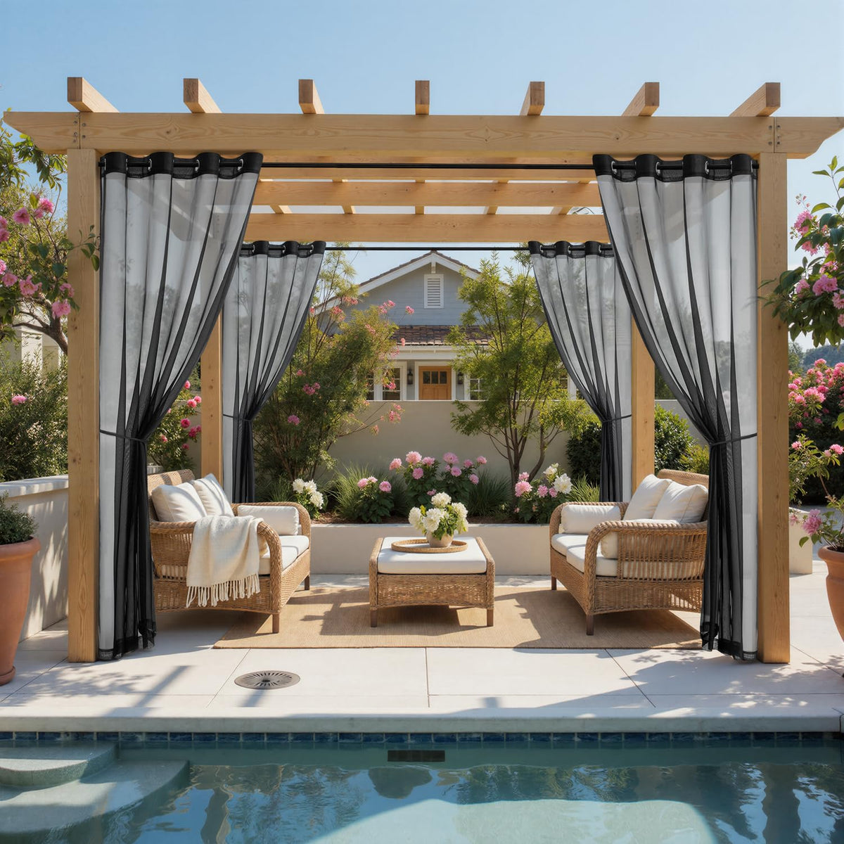 MIULEE grommet-top outdoor curtain in black adds elegant shade for gazebos and porches.