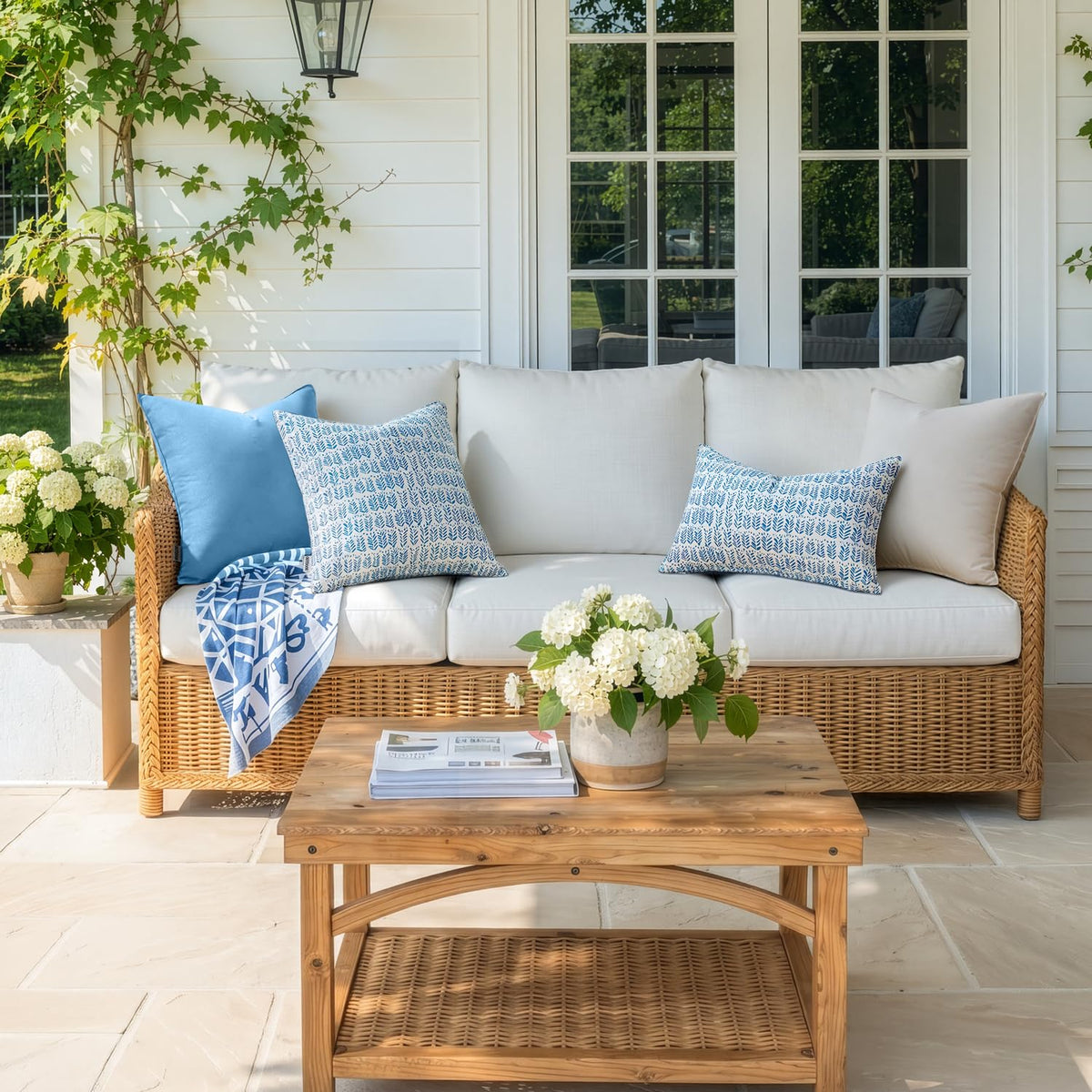 Pillows on a patio sofa show MIULEE red lumbar cushions in use