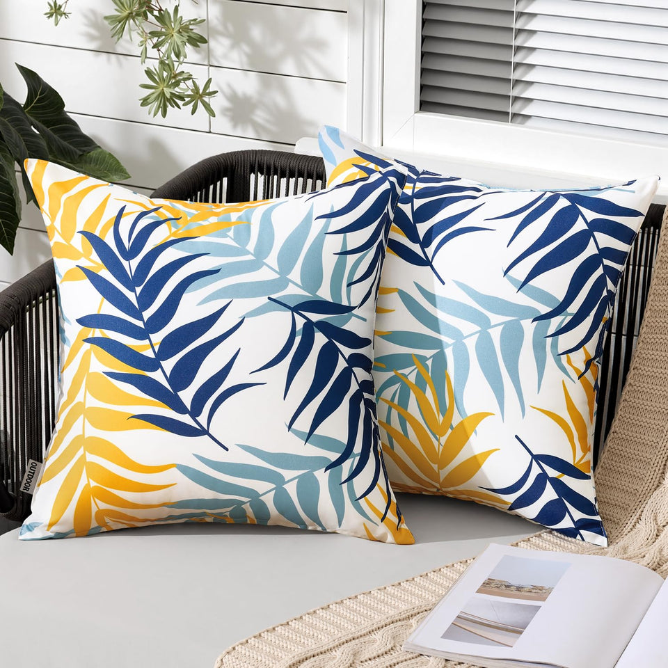 MIULEE outdoor pillow cover with leaves pattern in yellow blue for garden decor