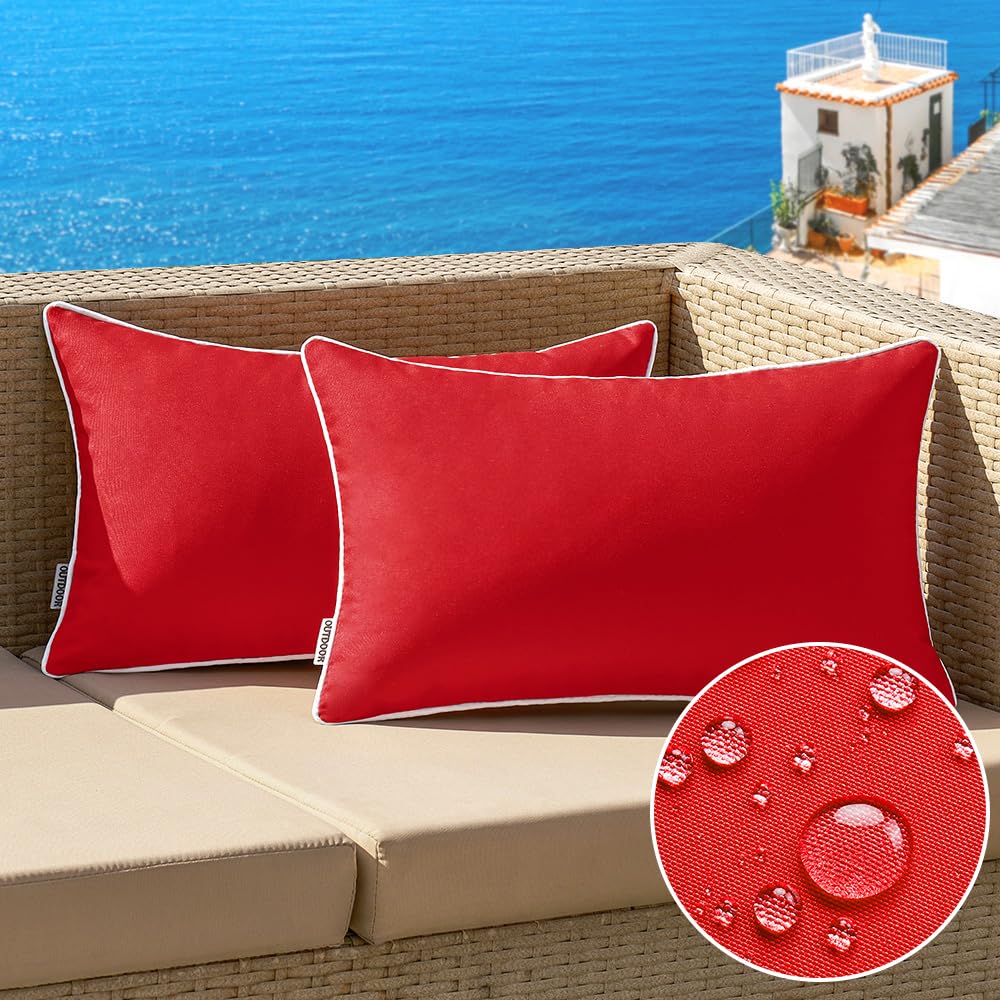MIULEE outdoor red pillow cover 12x20 showcases waterproof coating for durable patio use.