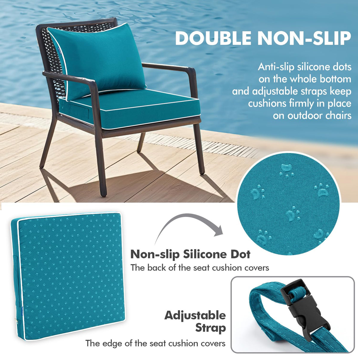 MIULEE Teal cushion close-up highlights DWR coating protecting against spills.