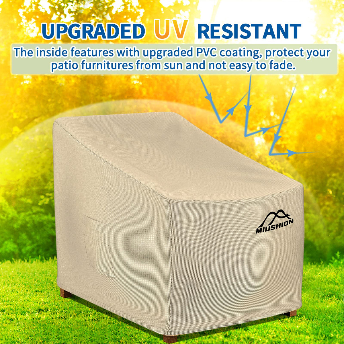 Miushion beige 600D Oxford fabric provides durable outdoor chair protection.