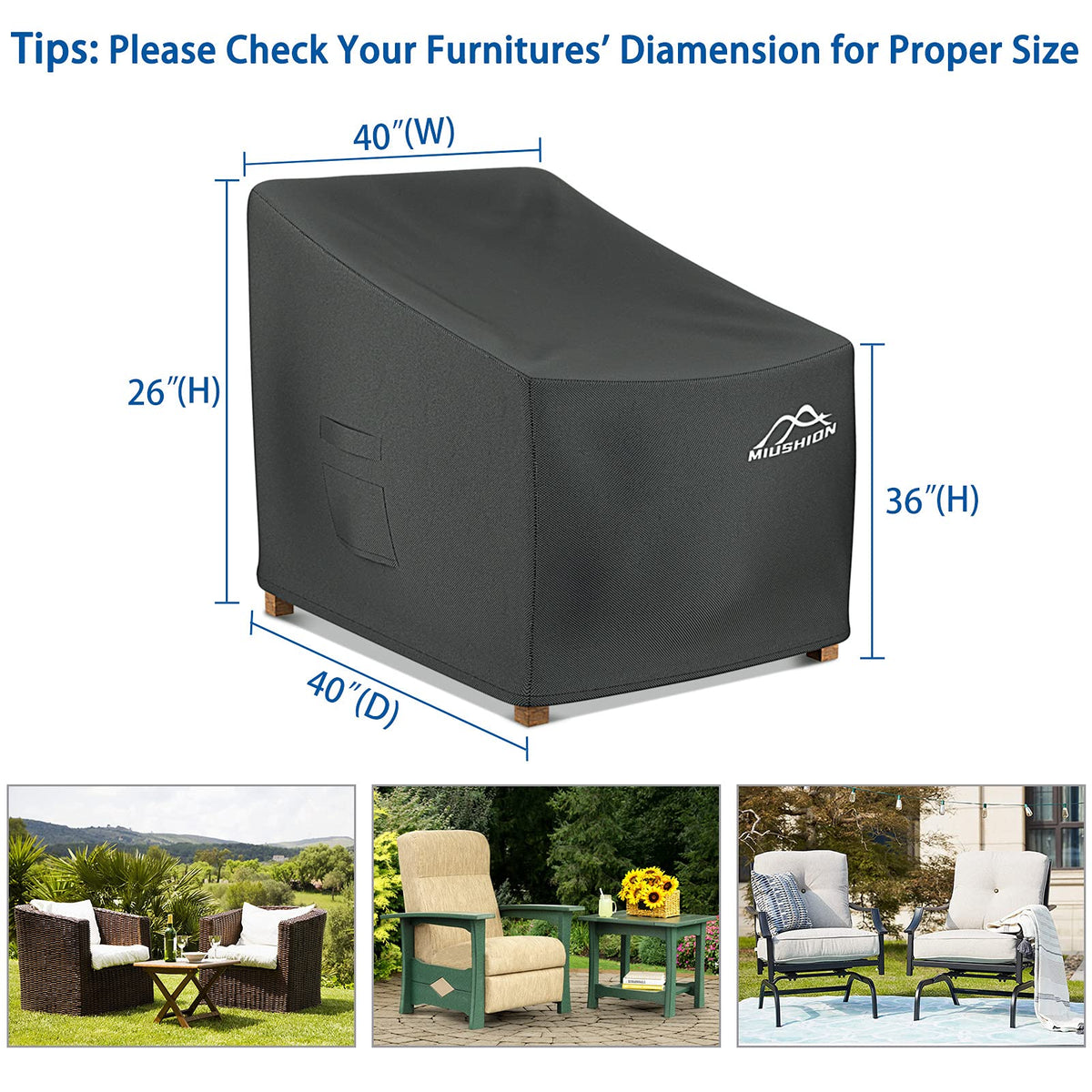 Miushion outdoor chair covers show waterproof outer fabric and insulated inner layer.