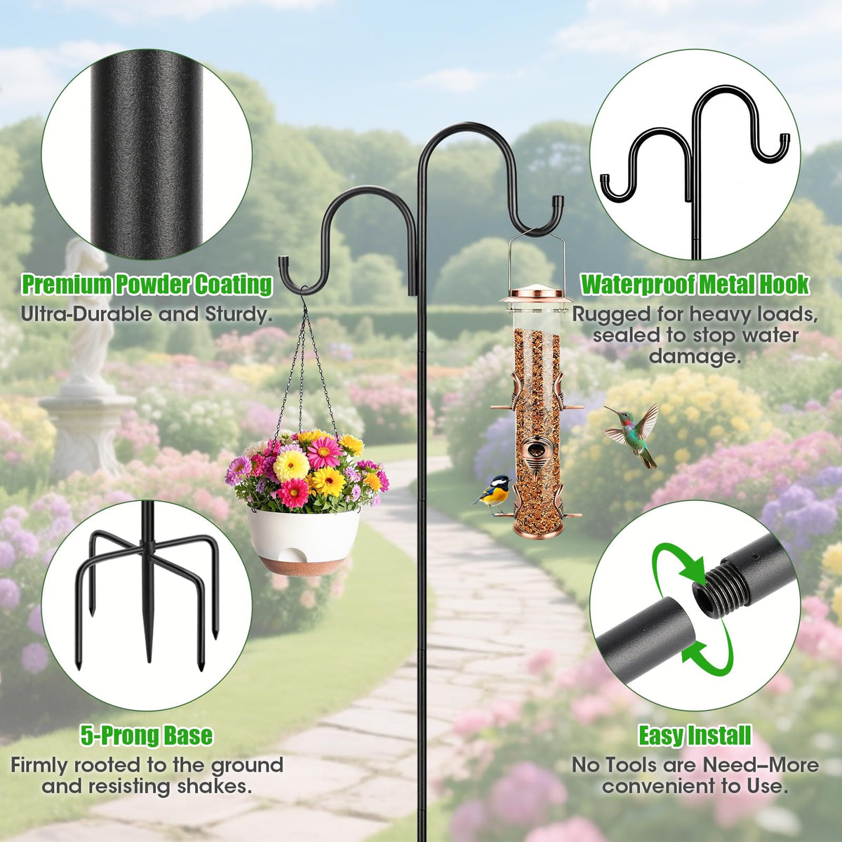 Heavy-duty MIUVIBENI bird feeder pole with a five-prong base for stability.