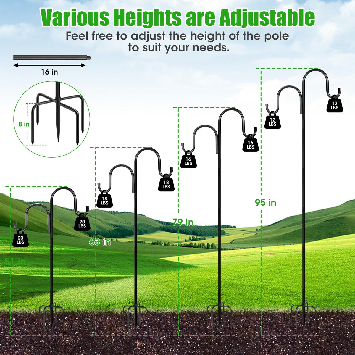 Lightweight plant display hook adds vertical interest to a patio.