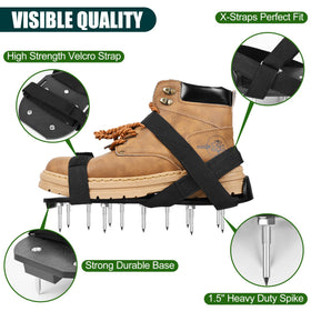 Miuwauer classic shoes spikes penetrating soil to aerate hard ground.