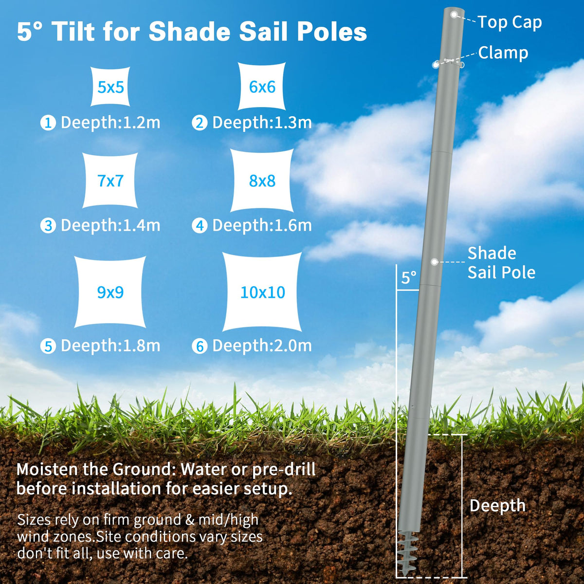 Miveda ground-embedded pole setup securing shade canopy on grass