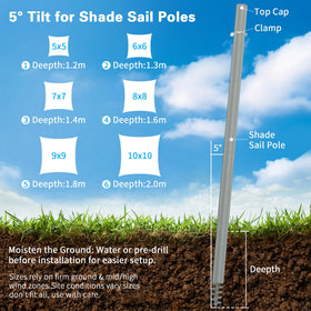 Miveda ground-embedded pole setup securing shade canopy on grass