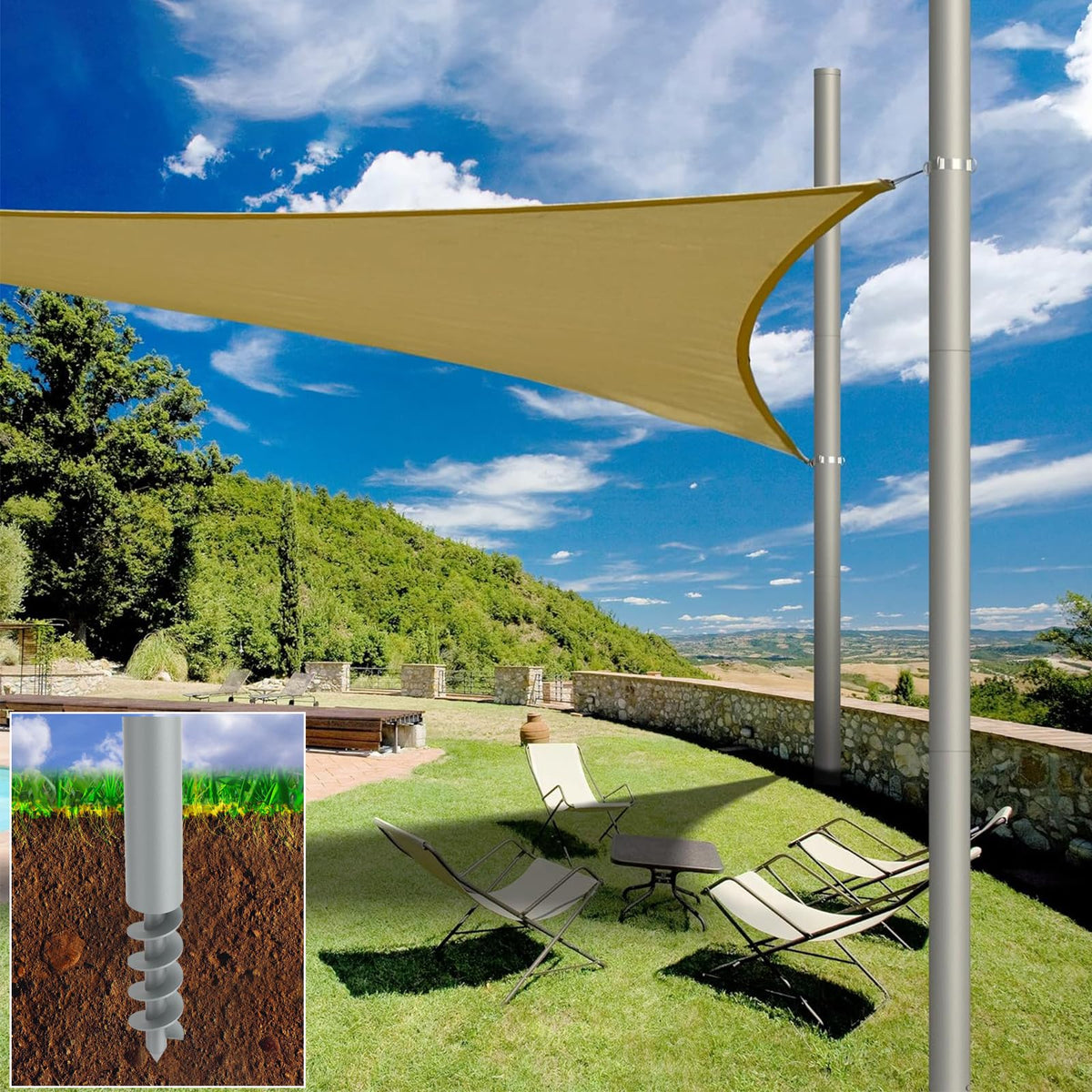 Miveda shade sail poles with spiral grounding for stable grass installations