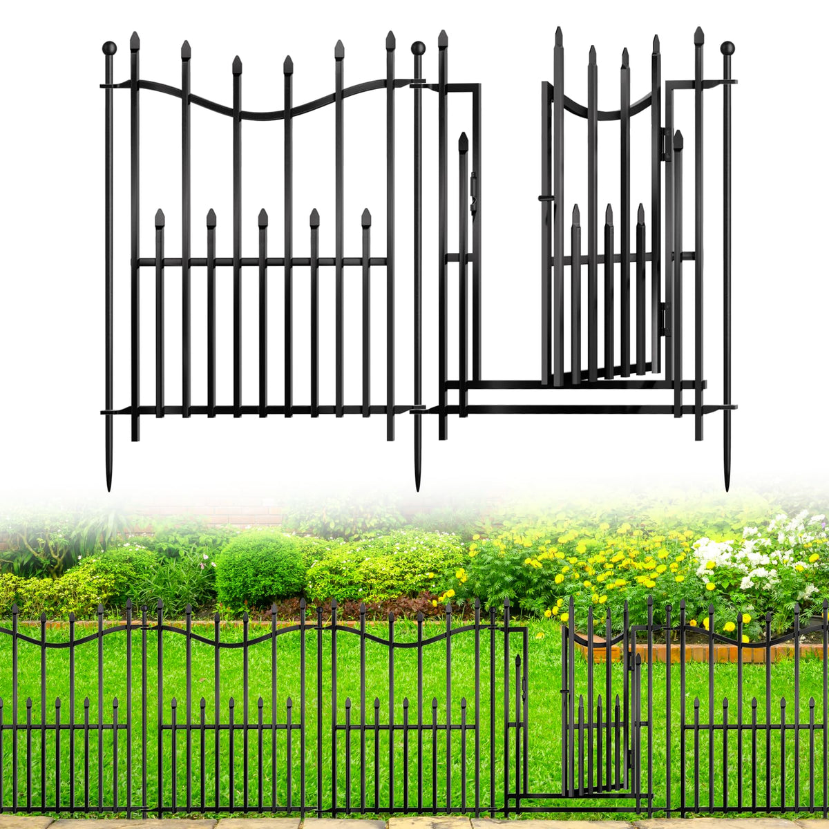 MIWEVRO 10-panel no-dig garden fence with gate protects flower beds while adding decorative touch